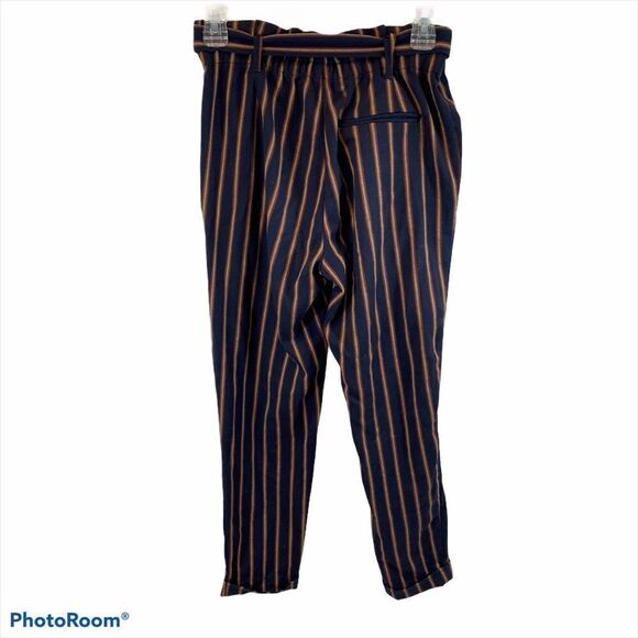 Zara Striped Navy Paper Bag Trousers with Belt XS - Picture 10 of 15
